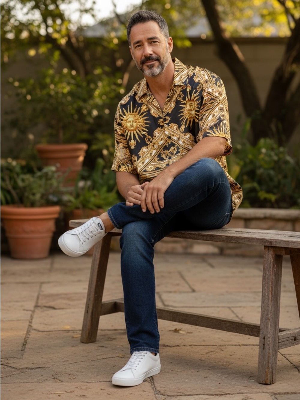 Baroque Gold Medusa Print Short Sleeve Button-Up Shirt. Satin feel Large